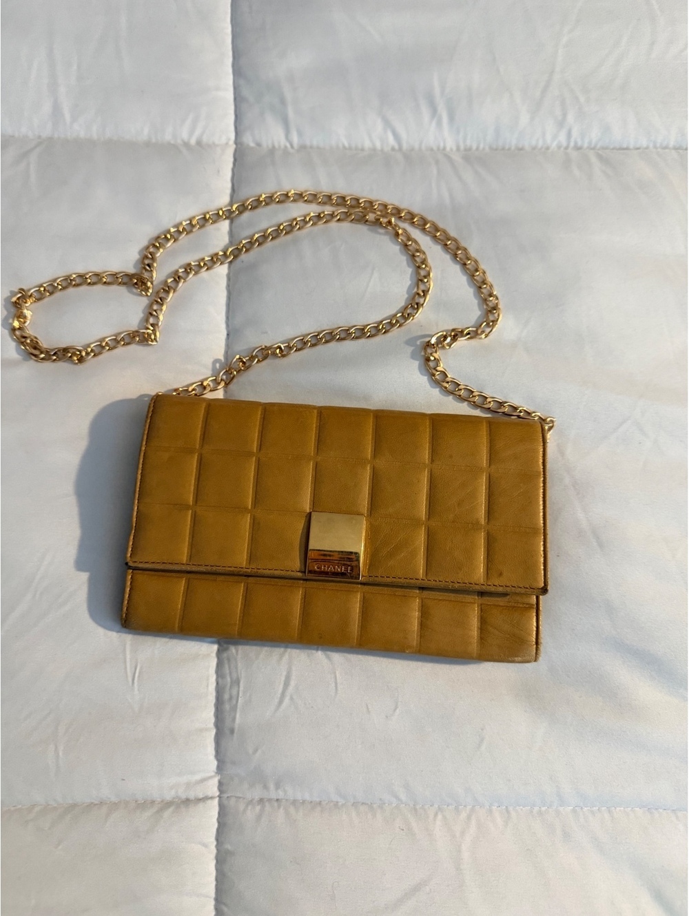 Chanel Vintage Mustard Yellow Quilted Leather Chain Wallet
